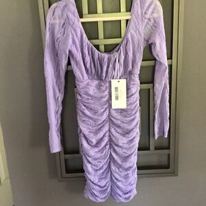 NWT Saints Secrets lavender body con ruched fitted dress long sleeve. M